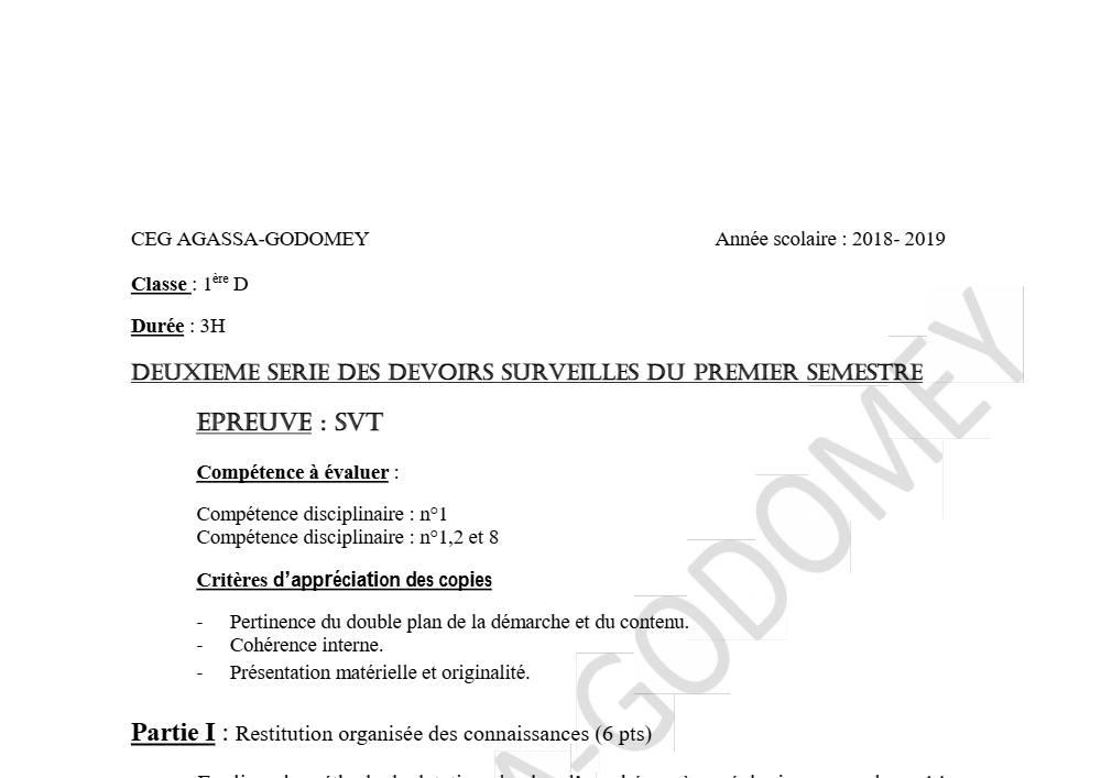 Aperçu de la première page — 1ère D SVT Devoir 2 Semestre 1 CEG Agassa Godomey 2018 2019