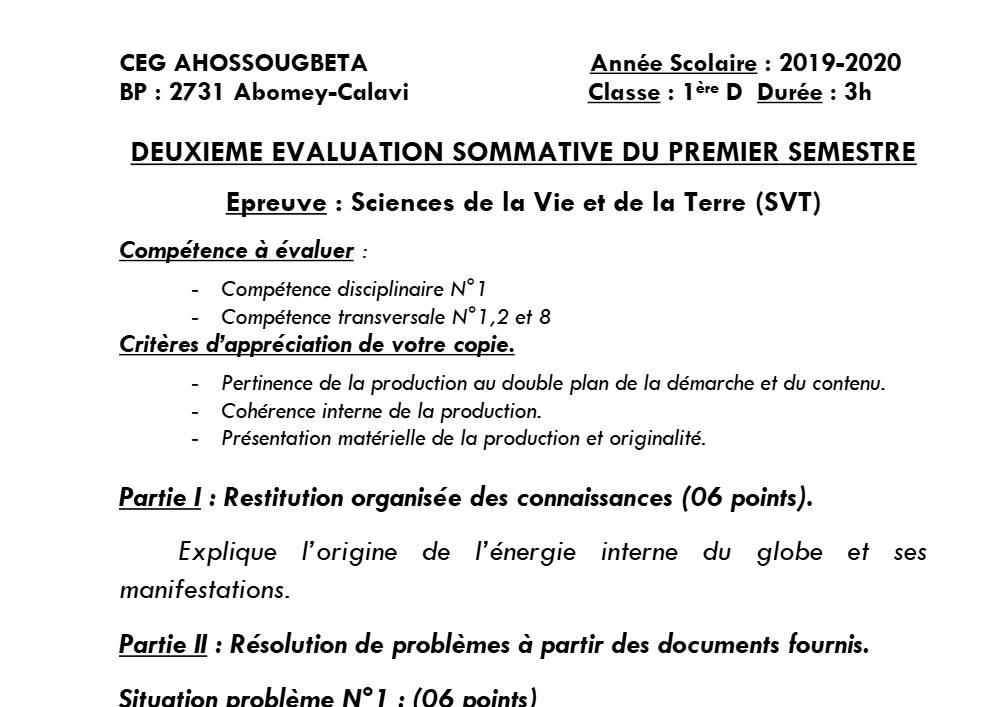 Aperçu de la première page — 1ère D SVT Devoir 2 Semestre 1 CEG Ahossougbéta 2019 2020