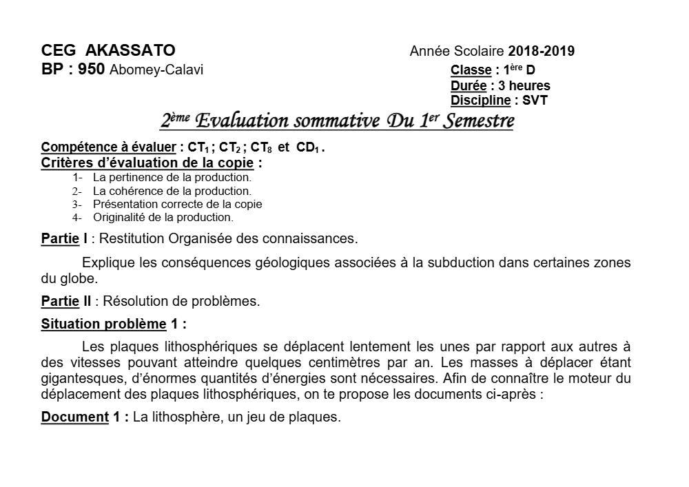 Aperçu de la première page — 1ère D SVT Devoir 2 Semestre 1 CEG Akassato 2019 2020
