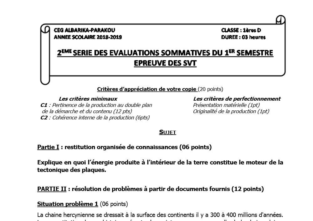 Aperçu de la première page — 1ère D SVT Devoir 2 Semestre 1 CEG Albarika 2018 2019