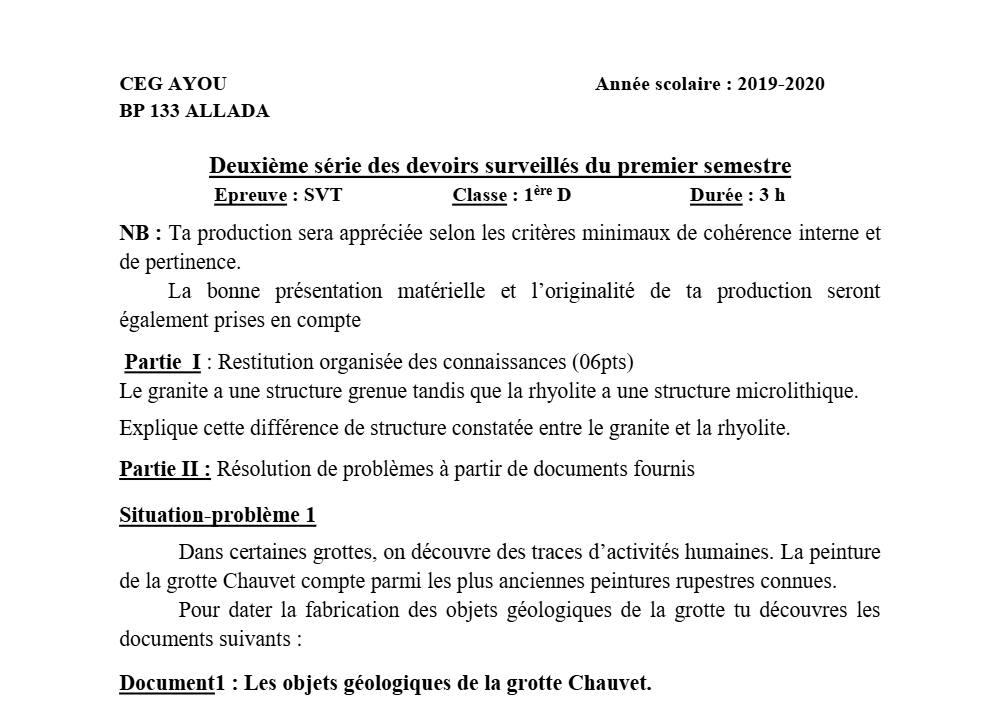 Aperçu de la première page — 1ère D SVT Devoir 2 Semestre 1 CEG Ayou 2019 2020