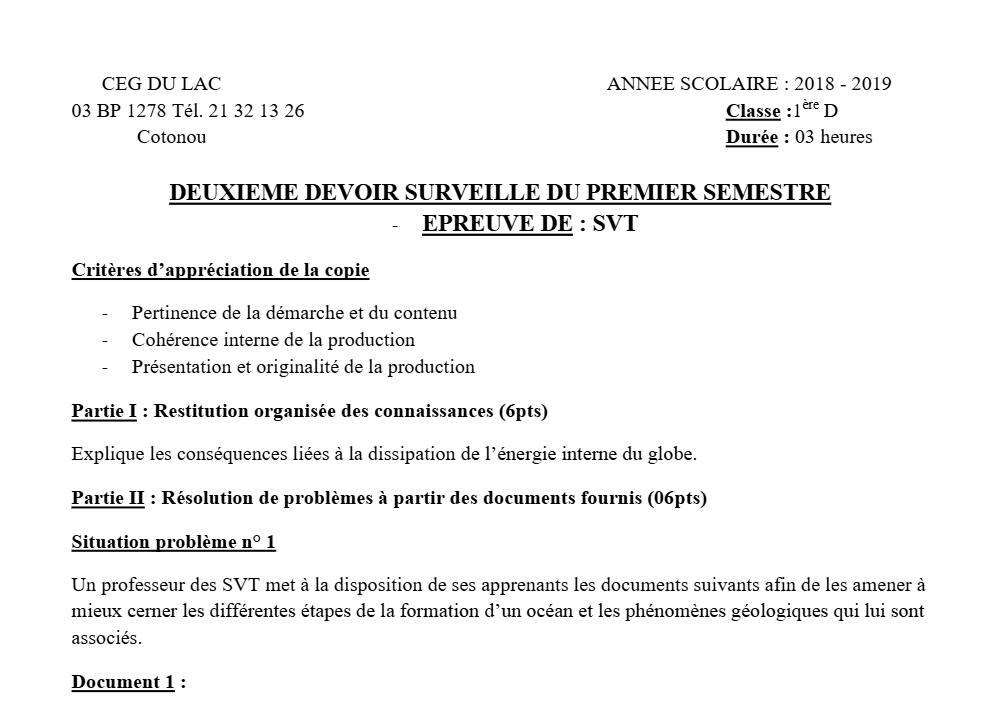 Aperçu de la première page — 1ère D SVT Devoir 2 Semestre 1 CEG du Lac 2018 2019