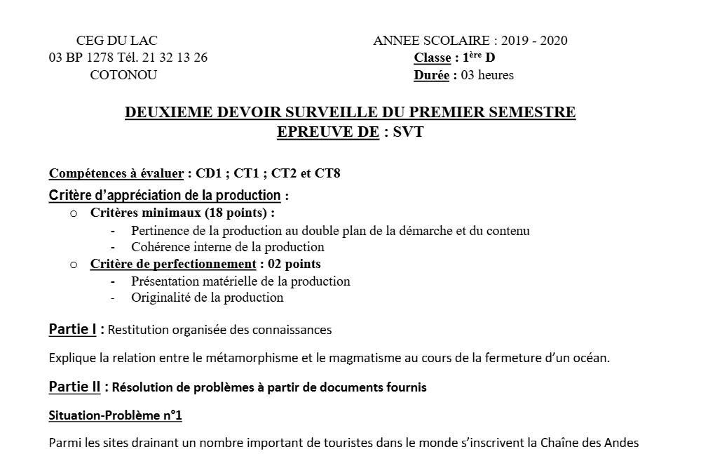 Aperçu de la première page — 1ère D SVT Devoir 2 Semestre 1 CEG du Lac 2019 2020