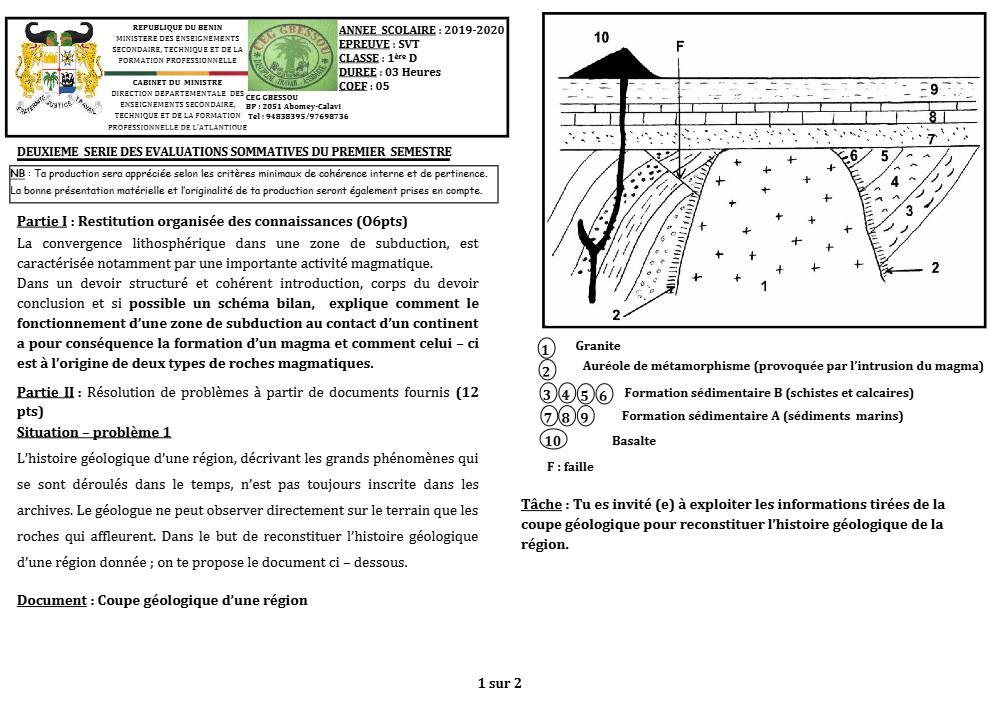 Aperçu de la première page — 1ère D SVT Devoir 2 Semestre 1 CEG Gbessou 2019 2020