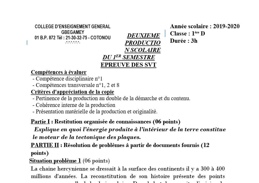 Aperçu de la première page — 1ère D SVT Devoir 2 Semestre 1 CEG Gbégamey 2019 2020