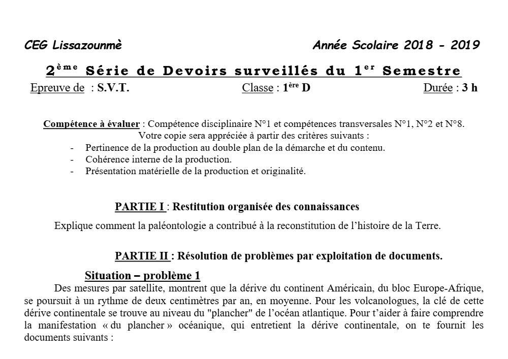Aperçu de la première page — 1ère D SVT Devoir 2 Semestre 1 CEG Lissazounme 2018 2019