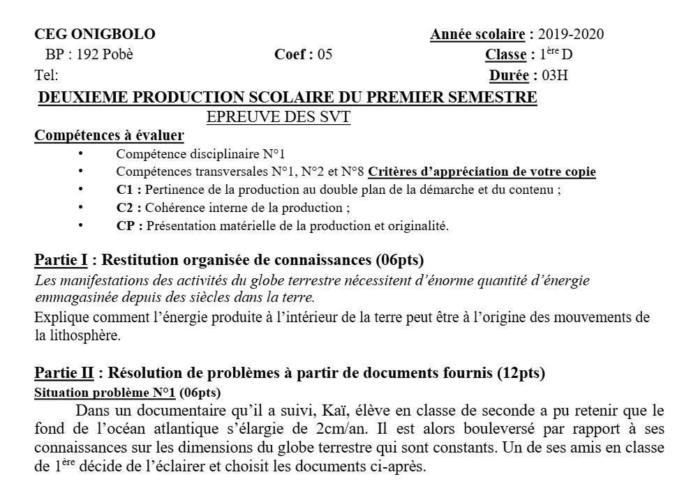 Aperçu de la première page — 1ère D SVT Devoir 2 Semestre 1 CEG Onigbolo 2019 2020