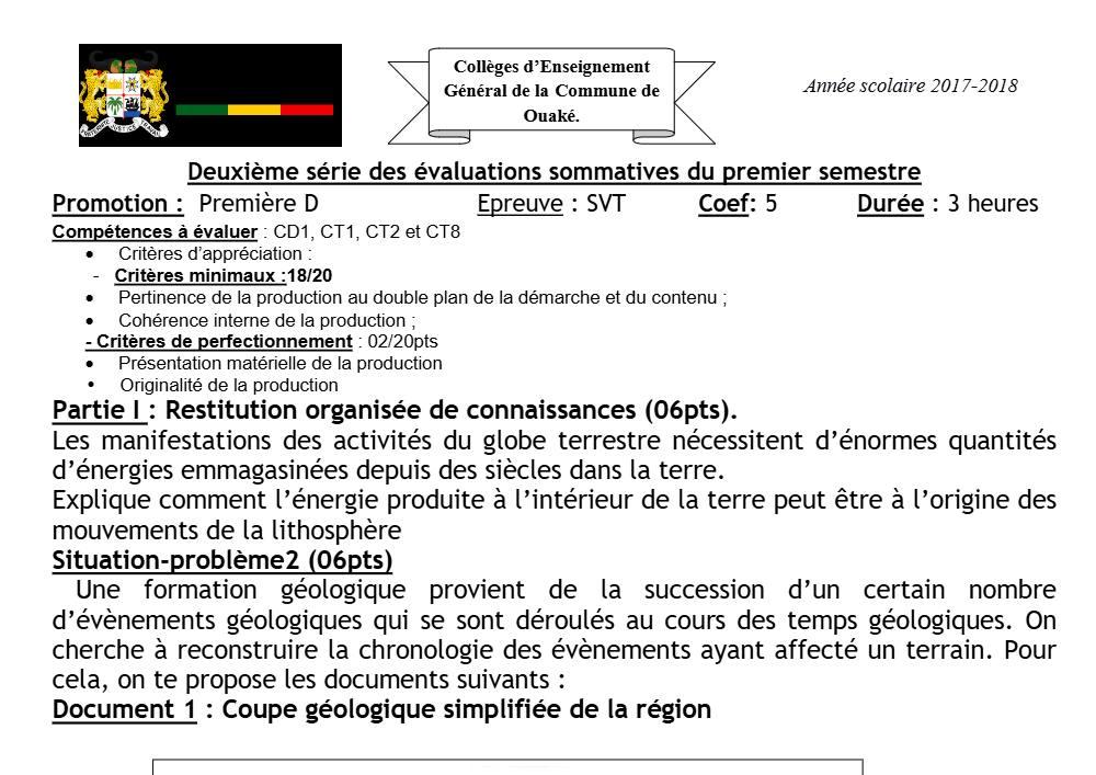 Aperçu de la première page — 1ère D SVT Devoir 2 Semestre 1 CEG Ouake 2017 2018