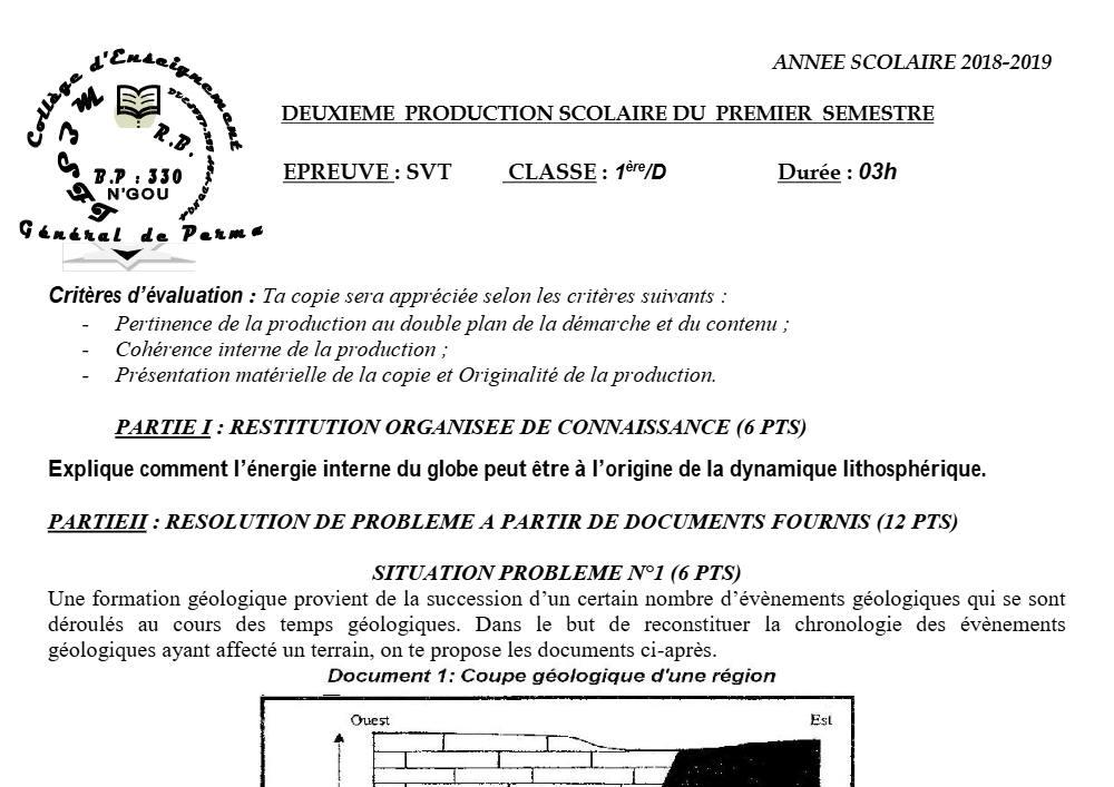 Aperçu de la première page — 1ère D SVT Devoir 2 Semestre 1 CEG Perma 2019 2020