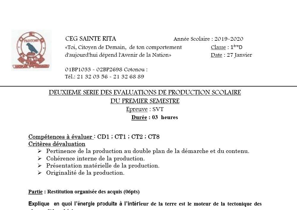 Aperçu de la première page — 1ère D SVT Devoir 2 Semestre 1 CEG Sainte Rita 2019 2020