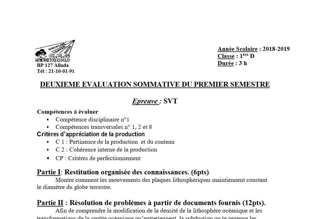 Aperçu de la première page — 1ère D SVT Devoir 2 Semestre 1 CEG Sekou 2018 2019