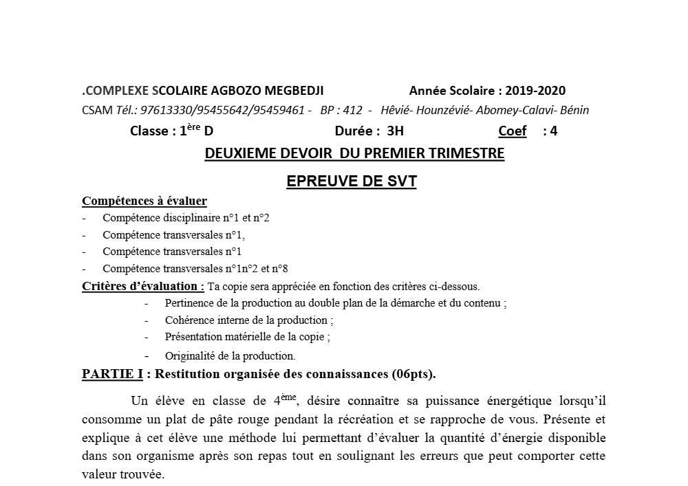 Aperçu de la première page — 1ère D SVT Devoir 2 Trimestre 1 CS Agbozo Megbedji 2019 2020