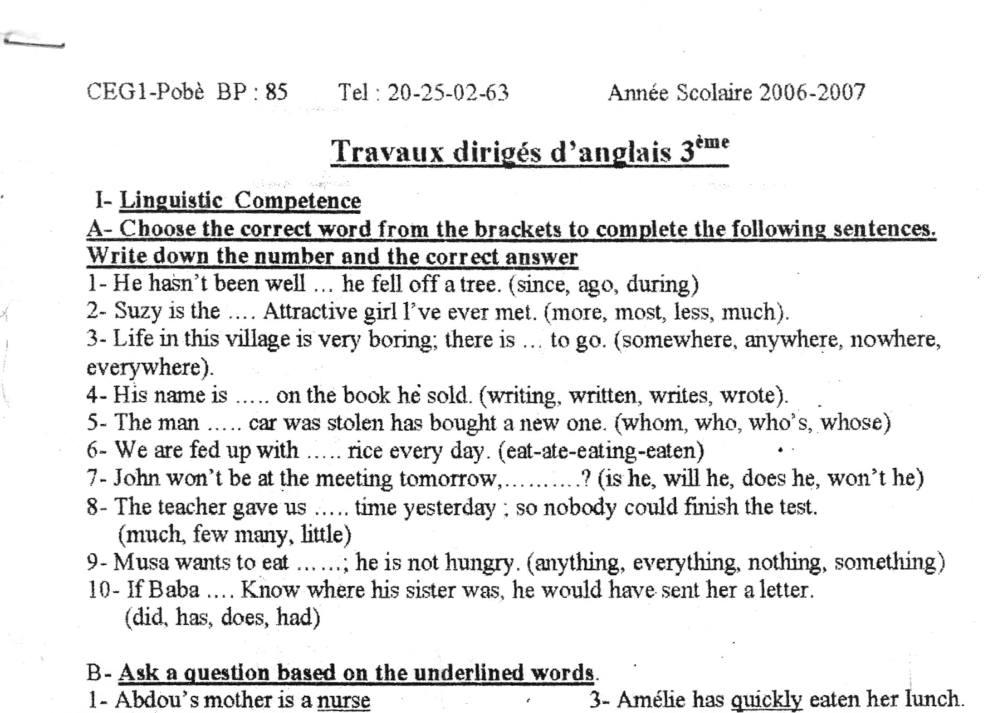 Aperçu de la première page — 3ème Anglais CEG1 Pobè TD 2006 2007