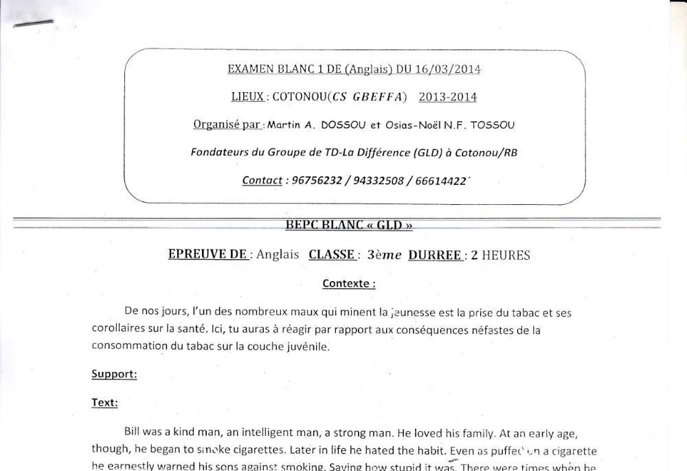 Aperçu de la première page — 3ème Anglais CS Gbeffa Bepc Blanc 16 03 2014 2014