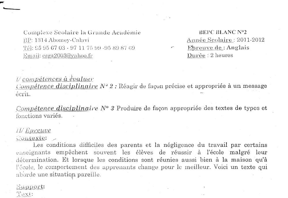 Aperçu de la première page — 3ème Anglais CS La Grande Academie Bepc Blanc Nâ°2 2011 2012