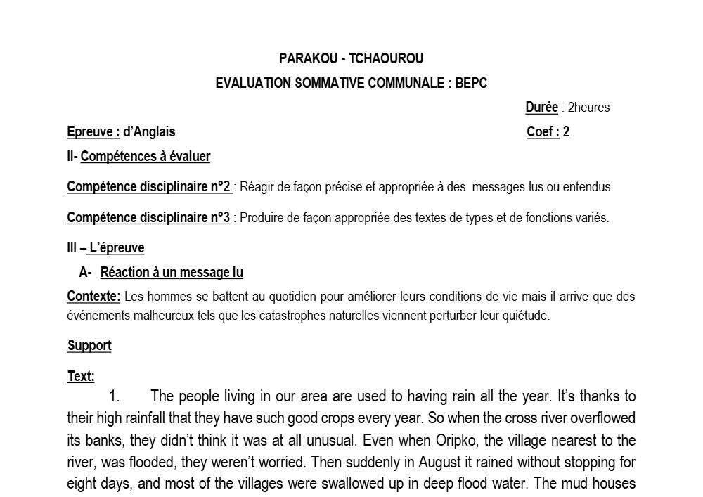 Aperçu de la première page — 3ème Anglais Devoir Commune de Tchaourou