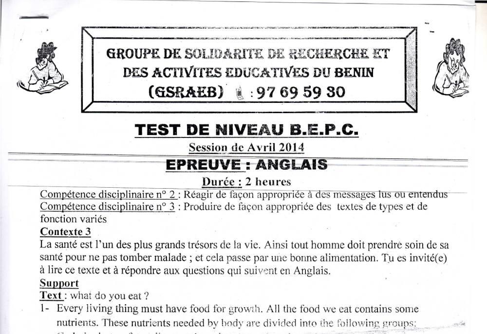 Aperçu de la première page — 3ème Anglais Devoir Gsraeb de Niveau Bepc Avril 2014