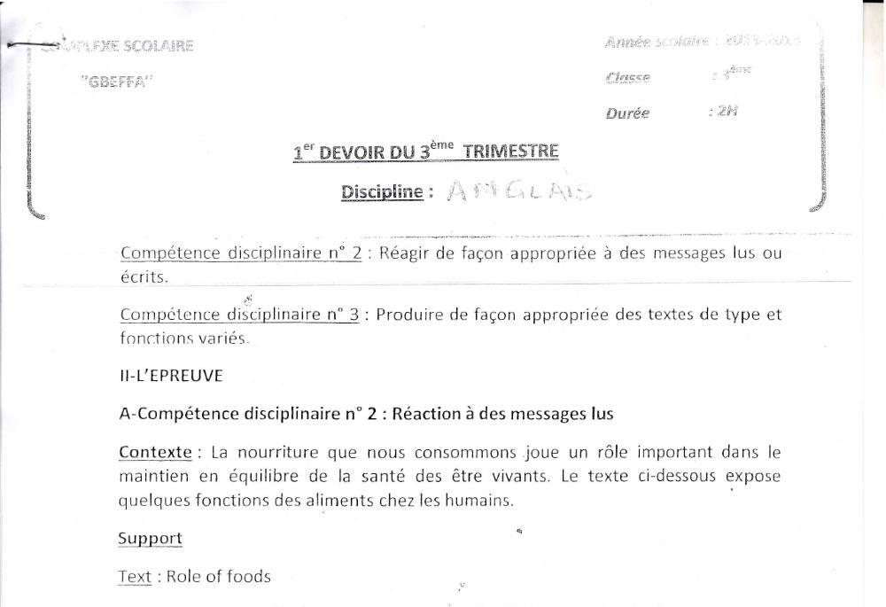 Aperçu de la première page — 3ème Anglais Devoir 1 CS Gbeffa 3ieme 2013 2014