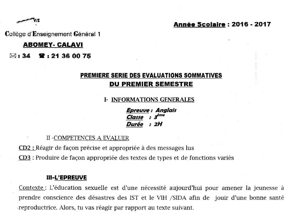 Aperçu de la première page — 3ème Anglais Devoir 1 Semestre 1 Abomey Calavi 2016 2017