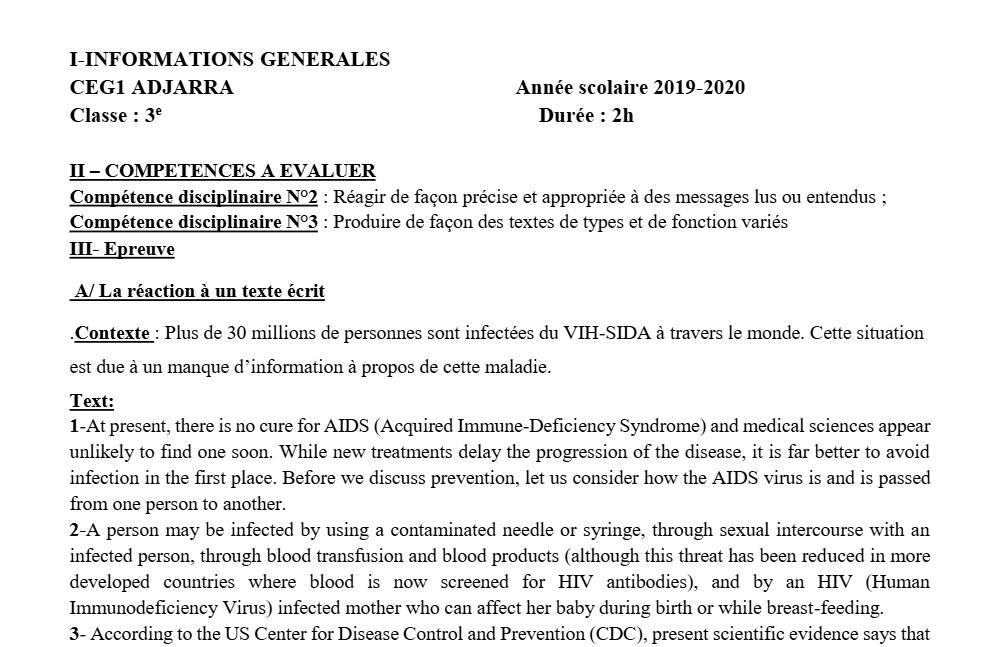Aperçu de la première page — 3ème Anglais Devoir 1 Semestre 1 CEG1 Adjarra 2019 2020