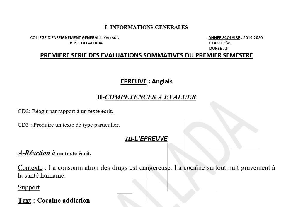 Aperçu de la première page — 3ème Anglais Devoir 1 Semestre 1 CEG1 Allada 2019 2020 (2)