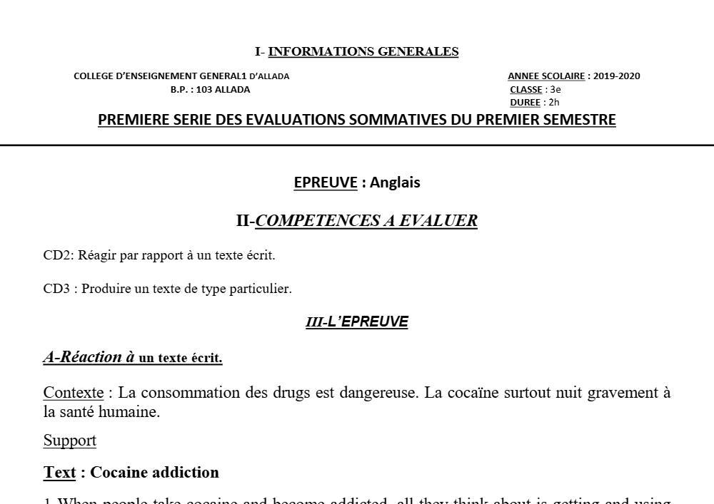 Aperçu de la première page — 3ème Anglais Devoir 1 Semestre 1 CEG1 Allada 2019 2020