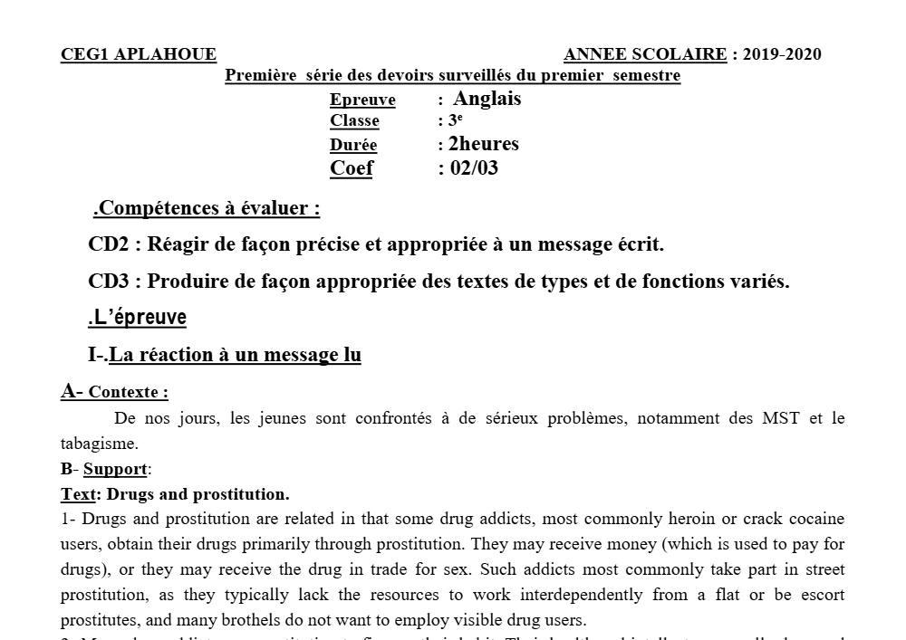 Aperçu de la première page — 3ème Anglais Devoir 1 Semestre 1 CEG1 Aplahoué 2019 2020