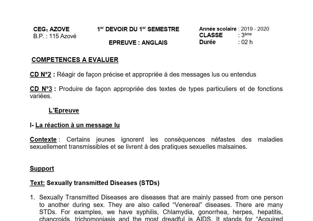 Aperçu de la première page — 3ème Anglais Devoir 1 Semestre 1 CEG1 Azové 2019 2020