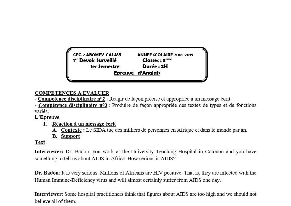 Aperçu de la première page — 3ème Anglais Devoir 1 Semestre 1 CEG2 Abomey Calavi 2018 2019