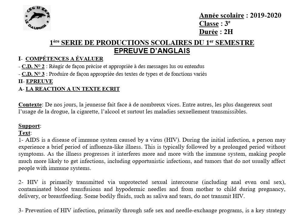 Aperçu de la première page — 3ème Anglais Devoir 1 Semestre 1 CEG2 Ekpe 2019 2020