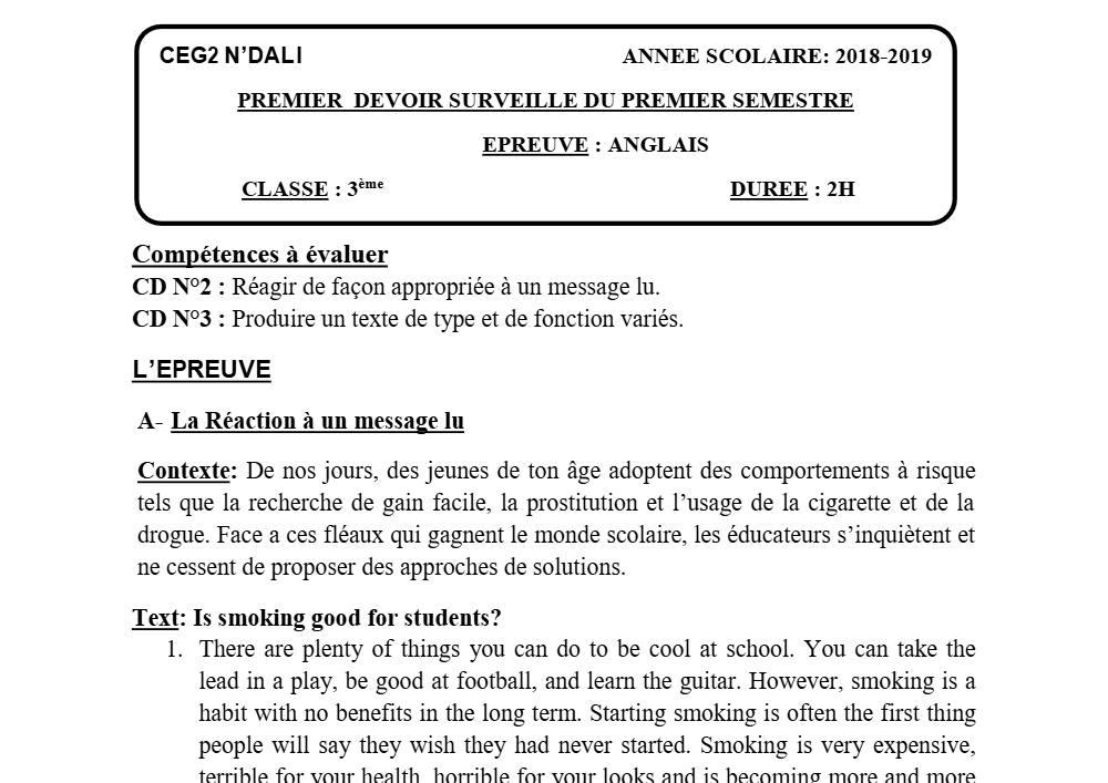 Aperçu de la première page — 3ème Anglais Devoir 1 Semestre 1 CEG2 N'Dali 2018 2019