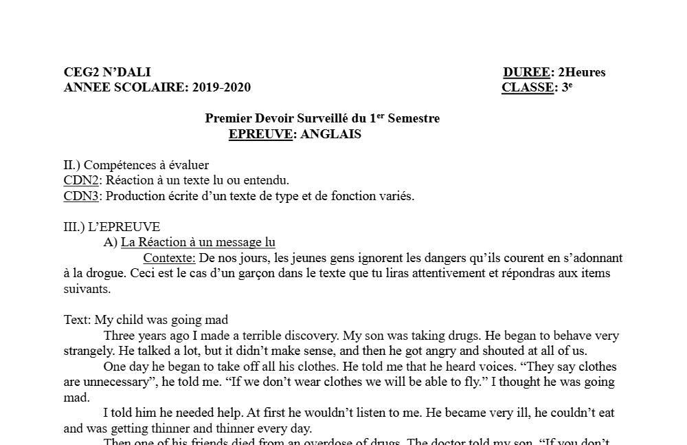 Aperçu de la première page — 3ème Anglais Devoir 1 Semestre 1 CEG2 N'Dali 2019 2020