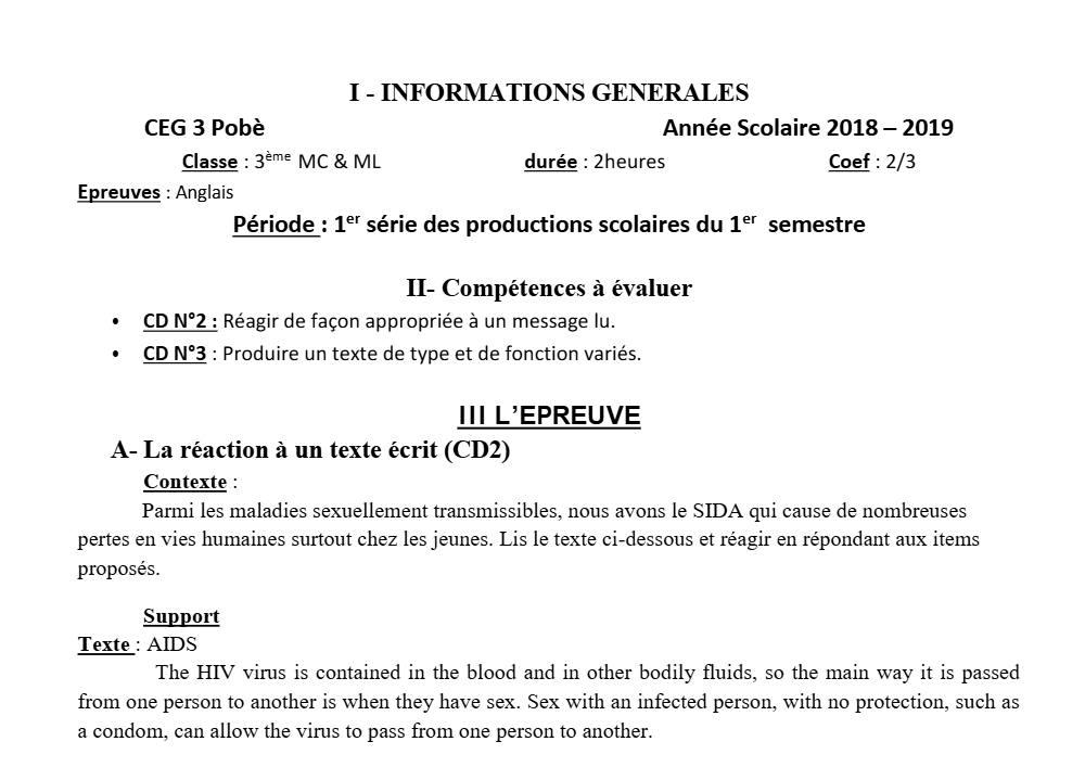 Aperçu de la première page — 3ème Anglais Devoir 1 Semestre 1 CEG3 Pobè 2018 2019
