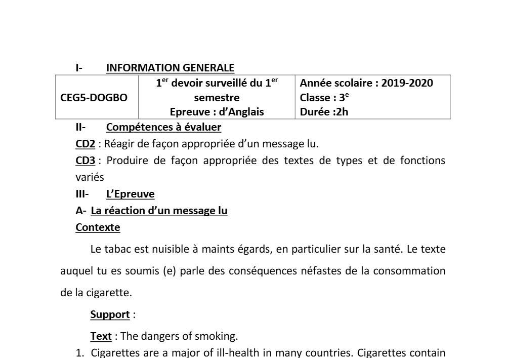 Aperçu de la première page — 3ème Anglais Devoir 1 Semestre 1 CEG5 Dogbo 2018 2019