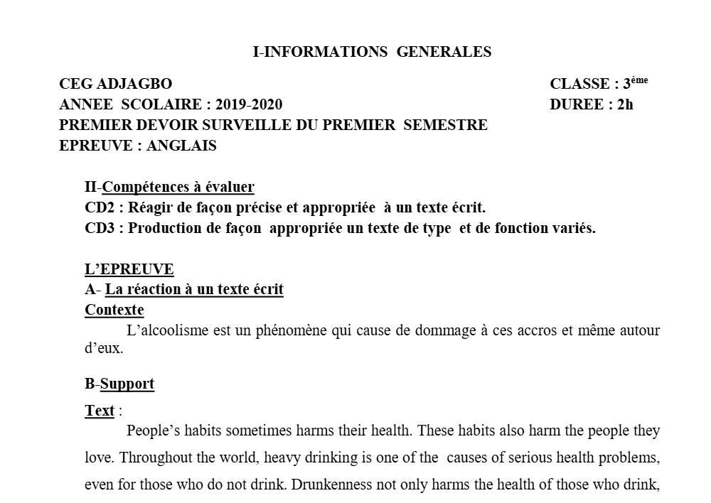 Aperçu de la première page — 3ème Anglais Devoir 1 Semestre 1 CEG Adjagbo 2019 2020