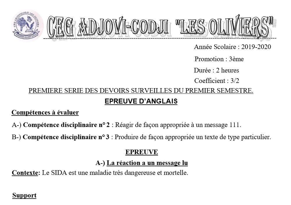 Aperçu de la première page — 3ème Anglais Devoir 1 Semestre 1 CEG Adjovi Codji 2019 2020