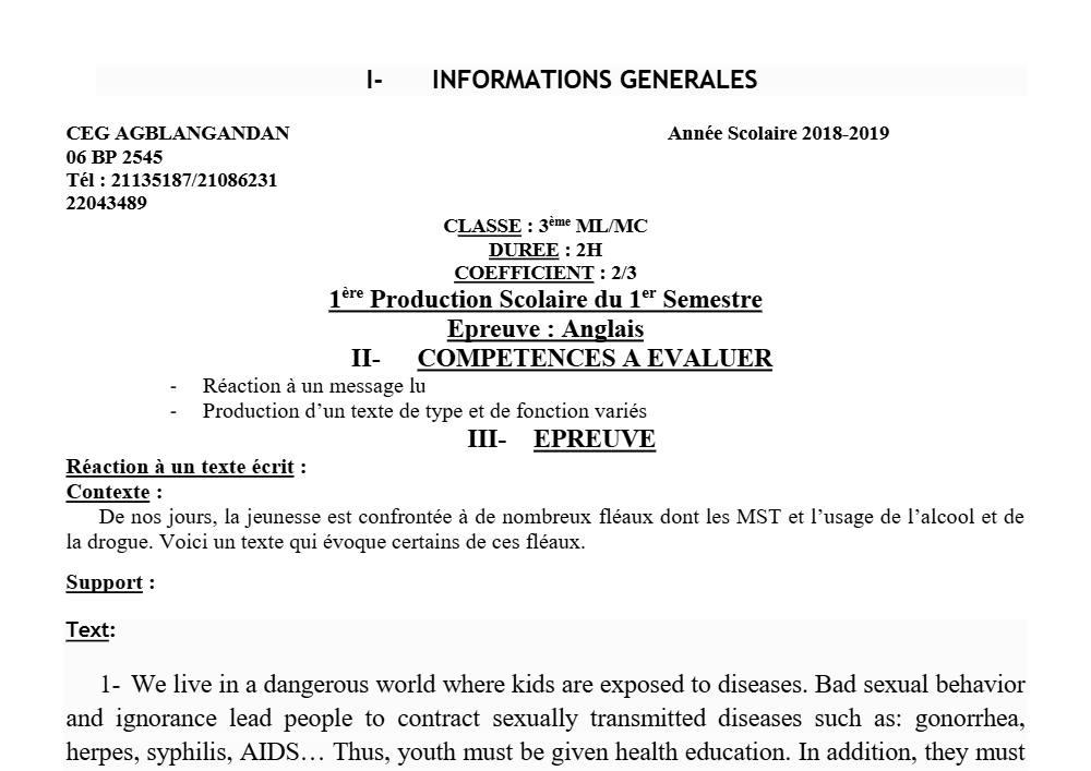 Aperçu de la première page — 3ème Anglais Devoir 1 Semestre 1 CEG Agblangandan 2018 2019