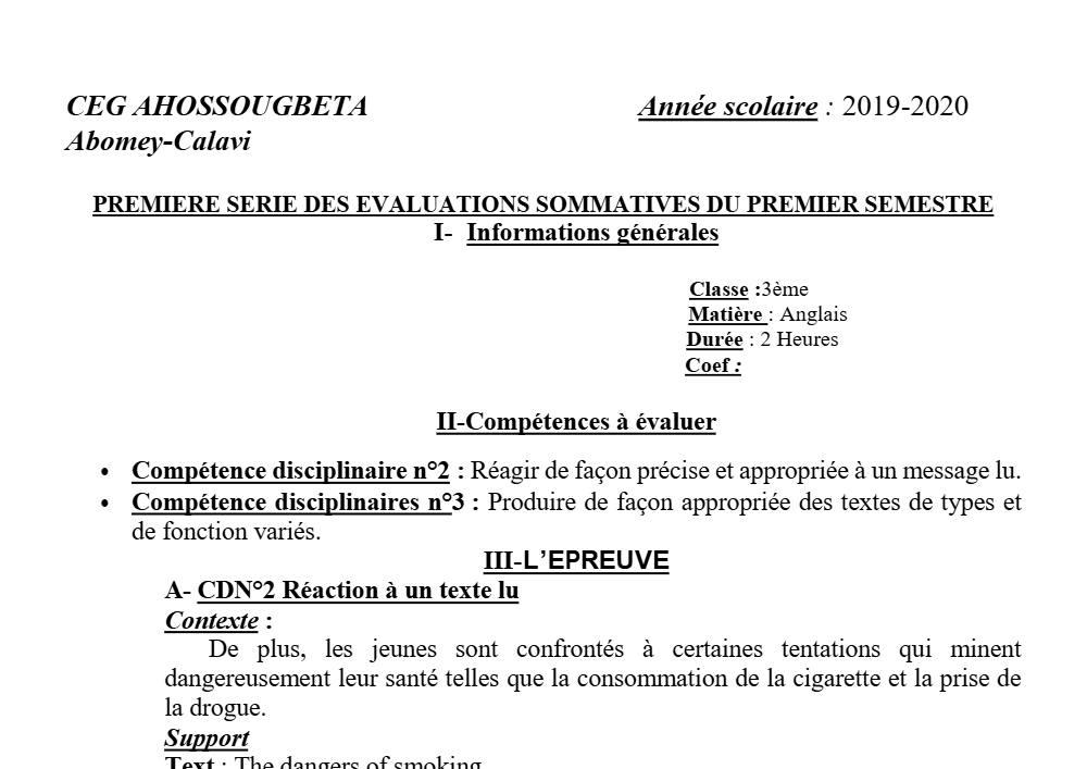 Aperçu de la première page — 3ème Anglais Devoir 1 Semestre 1 CEG Ahossougbéta 2019 2020