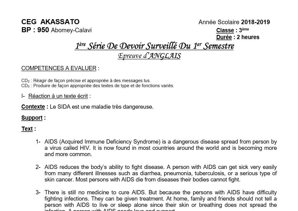 Aperçu de la première page — 3ème Anglais Devoir 1 Semestre 1 CEG Akassato 2018 2019