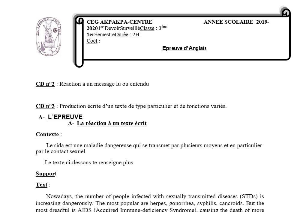 Aperçu de la première page — 3ème Anglais Devoir 1 Semestre 1 CEG Akpakpa 2019 2020