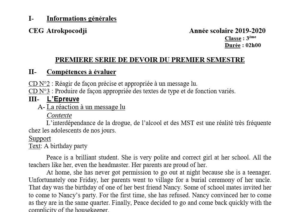 Aperçu de la première page — 3ème Anglais Devoir 1 Semestre 1 CEG Atrokpocodji 2019 2020