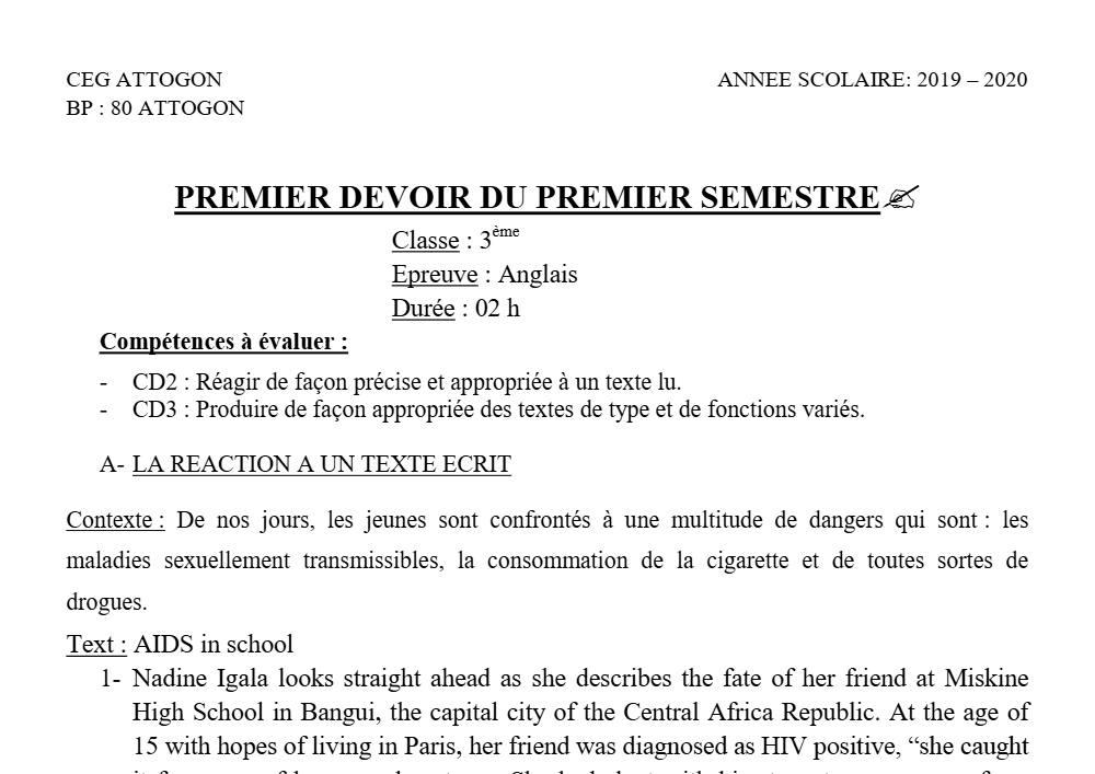 Aperçu de la première page — 3ème Anglais Devoir 1 Semestre 1 CEG Attogon 2019 2020