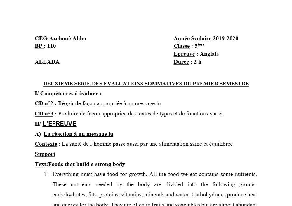 Aperçu de la première page — 3ème Anglais Devoir 1 Semestre 1 CEG Azohoue Aliho 2019 2020