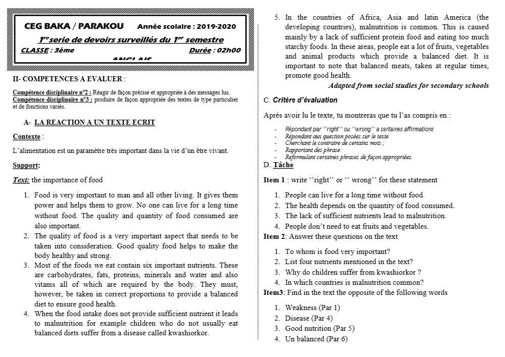 Aperçu de la première page — 3ème Anglais Devoir 1 Semestre 1 CEG Baka 2019 2020