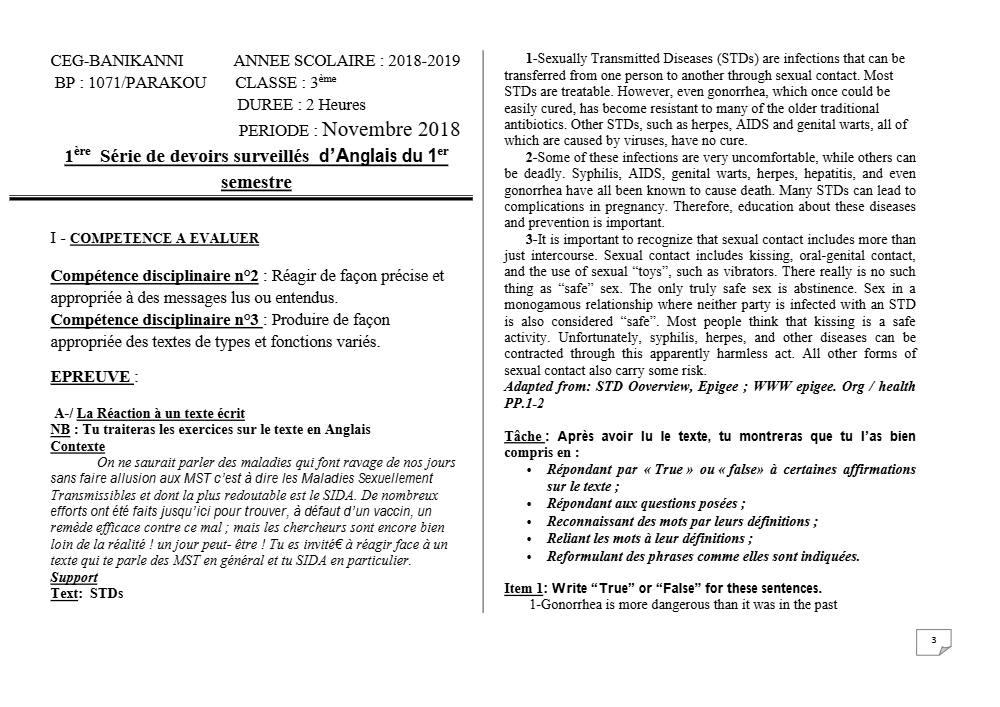 Aperçu de la première page — 3ème Anglais Devoir 1 Semestre 1 CEG Banikanni 2018 2019