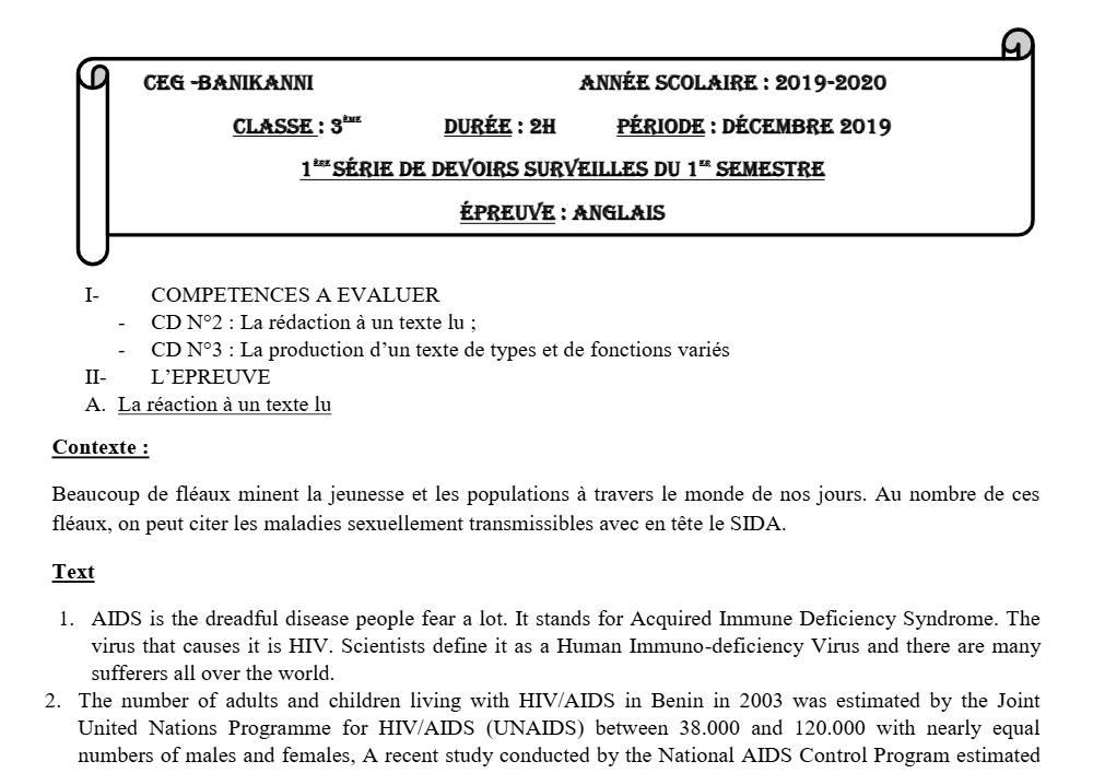 Aperçu de la première page — 3ème Anglais Devoir 1 Semestre 1 CEG Banikanni 2019 2020