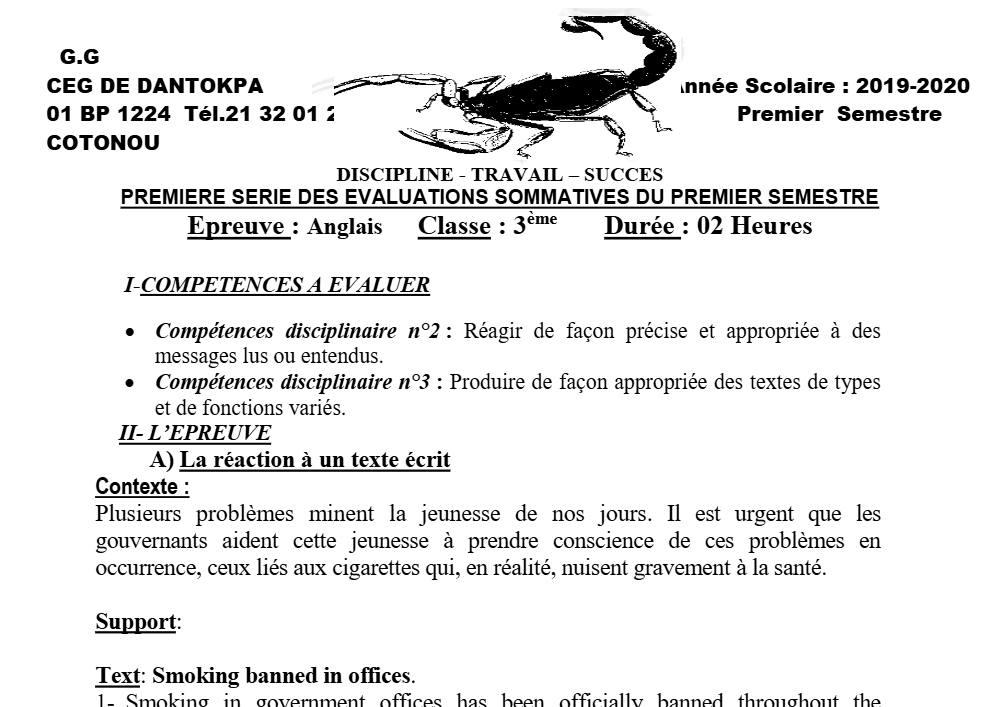 Aperçu de la première page — 3ème Anglais Devoir 1 Semestre 1 CEG Dantokpa 2019 2020 (2)