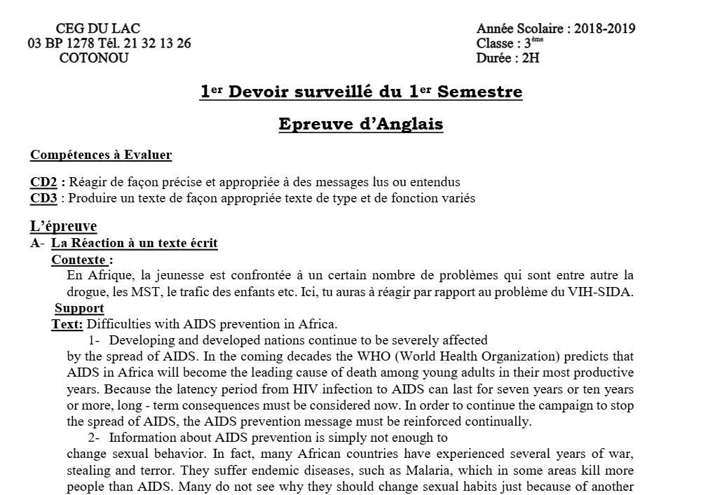 Aperçu de la première page — 3ème Anglais Devoir 1 Semestre 1 CEG du Lac 2018 2019