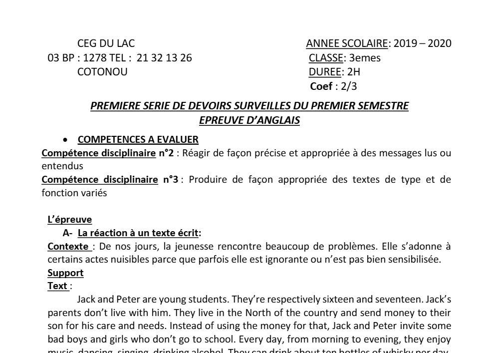 Aperçu de la première page — 3ème Anglais Devoir 1 Semestre 1 CEG du Lac 2019 2020
