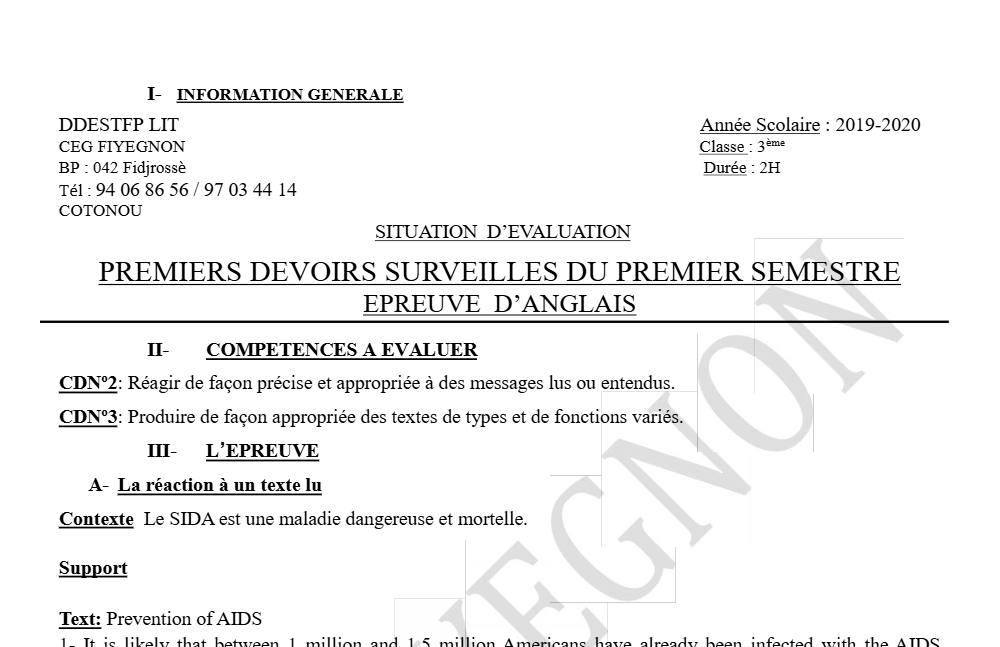 Aperçu de la première page — 3ème Anglais Devoir 1 Semestre 1 CEG Fiyegnon 2019 2020
